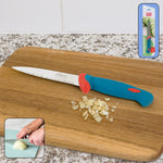 Stainless steel paring knife with anti-slip handle on white background