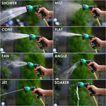 Close-up of garden hose spray nozzle spraying water in adjustable pattern