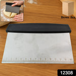 Close-up view of dough scraper showing laser-etched measurement marks on steel blade
