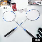 Components of badminton set including rackets and nylon shuttlecocks