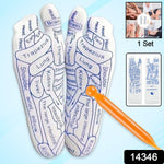 Close-up view of reflexology therapy socks worn on foot showing zone details