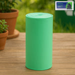 Green compostable garbage bags made from sustainable corn starch measuring 17 by 19 inches.