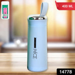 Side view of light blue 400ml leak proof glass water bottle