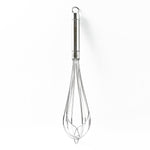 Angled view of durable stainless steel medium hand whisk