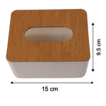 Bamboo tissue box holder with its precise dimensions clearly labeled.