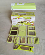 All 13 attachments of the Manual Vegetable Slicer neatly organized for easy selection.
