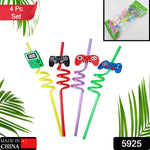 Colorful cartoon straws with truck designs for children's celebrations.