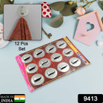 Versatile 12-piece steel self-adhesive hooks for kitchen and bathroom.