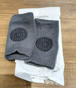 Side view of toddler knee guard wool knit leg warmers in dark grey