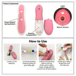 Complete electric baby nail trimmer kit showing the main unit and all six grinding heads.