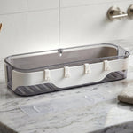 Wall-mounted transparent bathroom storage shelf with hooks for towels and toiletries