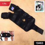 Front view of adjustable knee support brace with velcro straps and patella hole