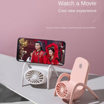 Portable Phone Holder Fan holding a smartphone, ideal for hands-free viewing.