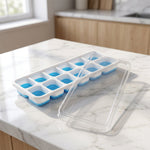 Blue plastic tray showing ice cubes