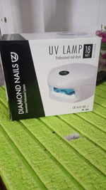 Packaging for the AuriGlam 18W LED UV Nail Lamp, showing product branding.