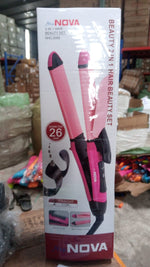 Packaging of the dual function hair straightener and curler.