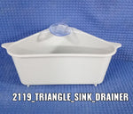 Plastic triangular sink organizer with strong suction cup attachment.
