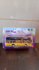 Rear view of die-cast London double decker sightseeing bus toy showing pull-back wheels