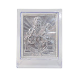 Side profile view of silver Saraswati Maa photo frame showing sturdy stand