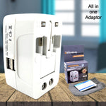Poravar Universal Travel Adapter showing AU, UK, US, EU plug types.
