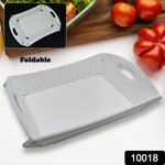 Top-down view of the portable plastic serving tray, highlighting its integrated handle and spacious surface.