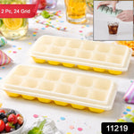 Flexible silicone pop-up ice cube tray with lid for hassle-free removal.