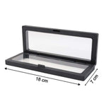 Side view of transparent floating jewelry display box 18x7 cm featuring black ABS frame