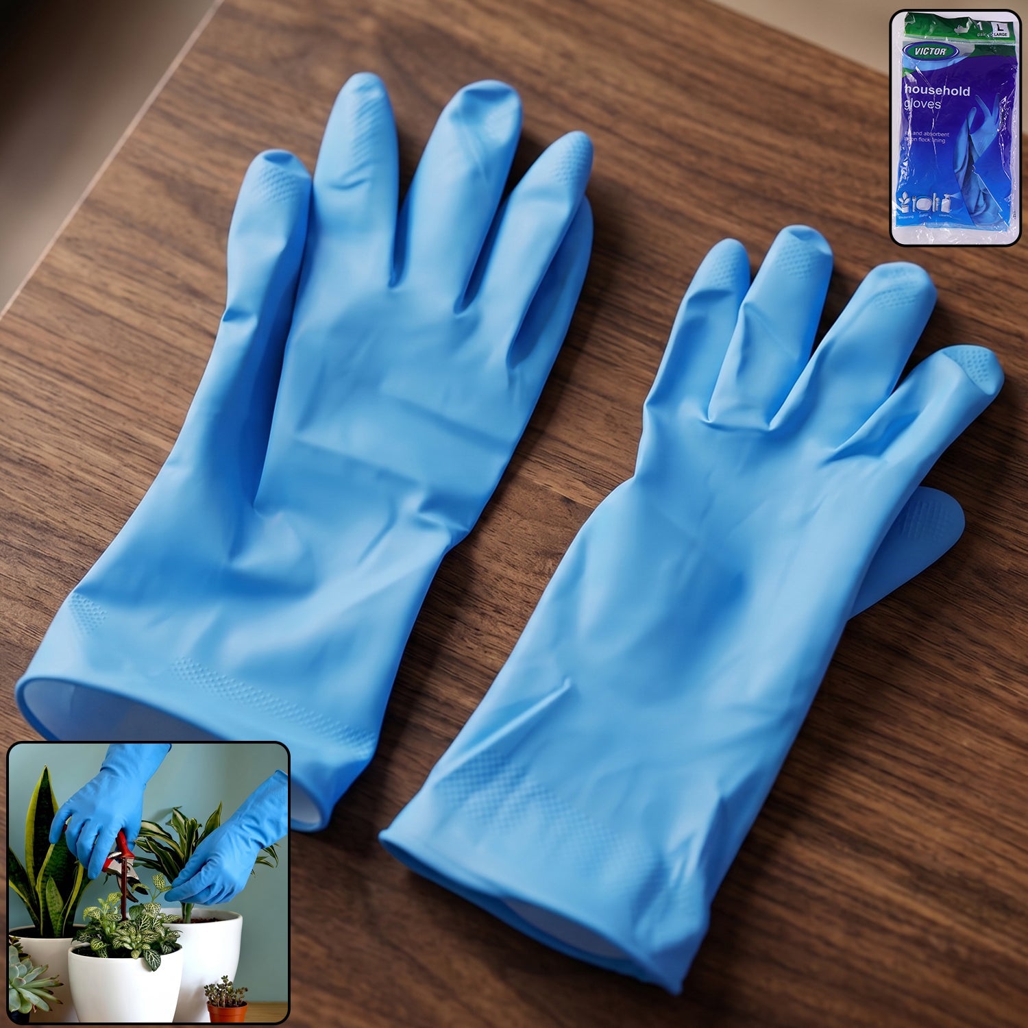 Large blue waterproof rubber cleaning gloves for household use