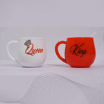 Detailed view of the King & Queen design on the couple mugs.
