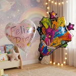 Birthday party decoration with cheerful foil balloons