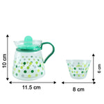 Glass tea pot and cups set with visible dimensions for reference
