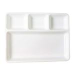 Stack of multiple 4-compartment serving trays for compact storage.