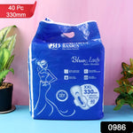 An open pack of  sanitary pads showing multiple individually wrapped pads, emphasizing the 40-pack value.
