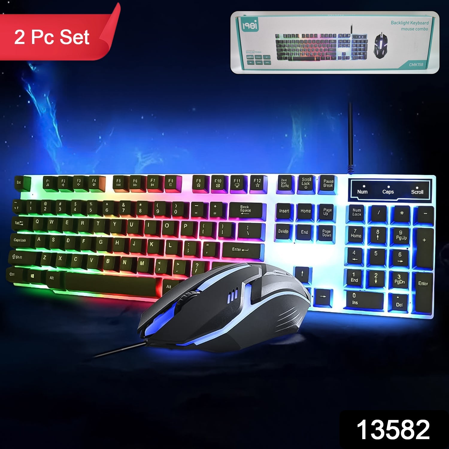 Ergonomic wired keyboard and mouse combo with dynamic backlighting on a desk.
