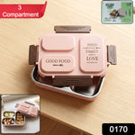 Opened 3-compartment stainless steel lunch box containing fresh separate meals