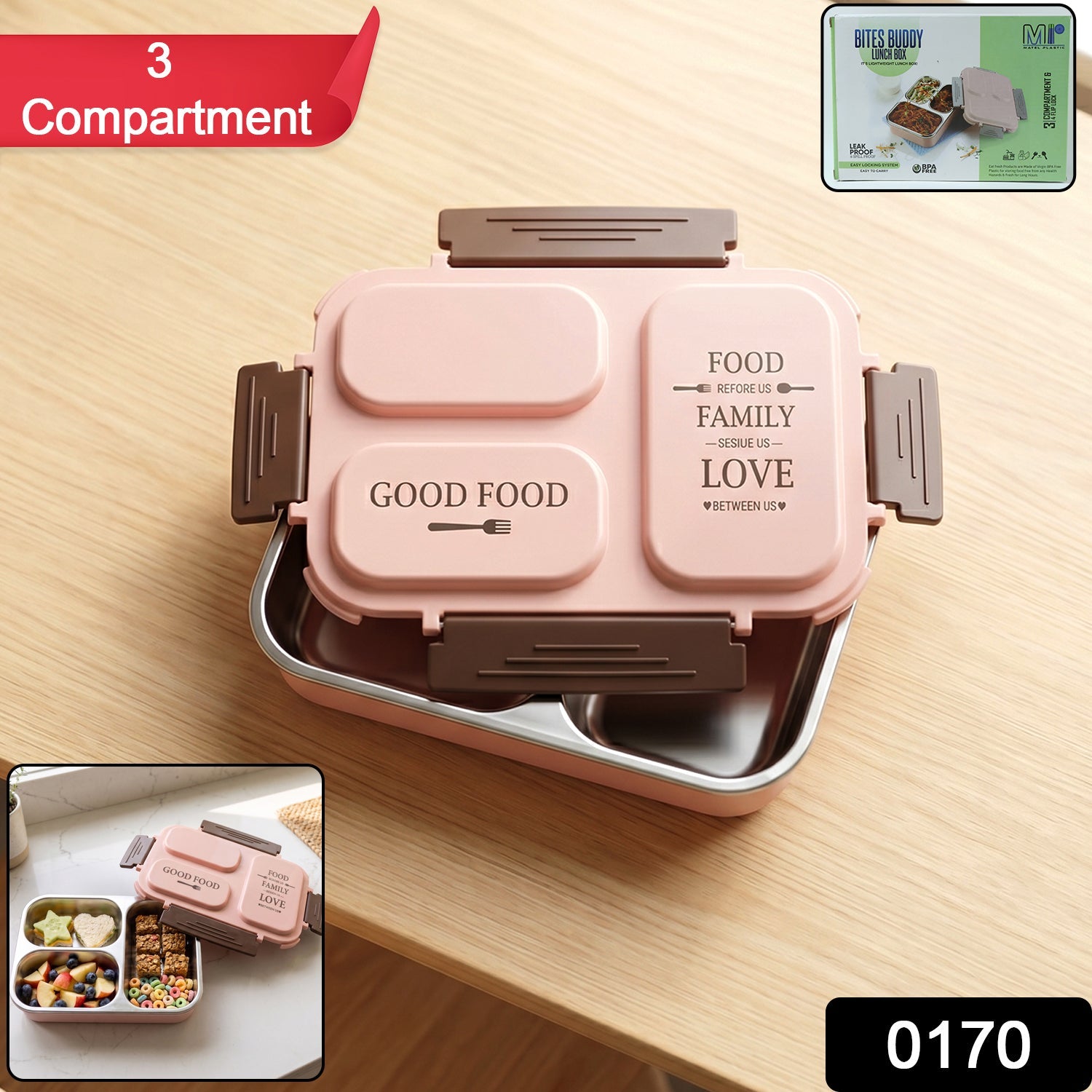 Opened 3-compartment stainless steel lunch box containing fresh separate meals