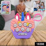 Child playing with the portable Mini Push Bubbles Game, a fun memory challenge.