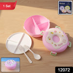 Close-up of the Donut Lunch Box showing three compartments and included spoon.