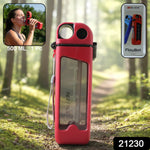 Portable gym water bottle in red with transparent body and measurement scale