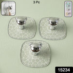 Packaging of 3-piece set of clear adhesive wall hooks from Indo Glow.