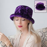 Front view of designer velvet winter bucket hat